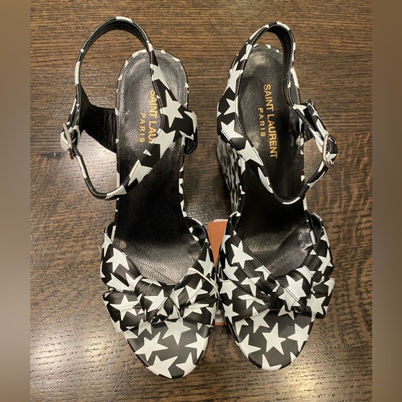 ⭐️ VGC Saint Laurent Black and White Star Print Platform Sandals - Picture 2 of 5
